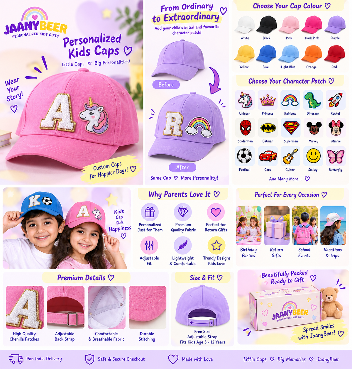 Personalized Kids Cap with Initial & Character Patch